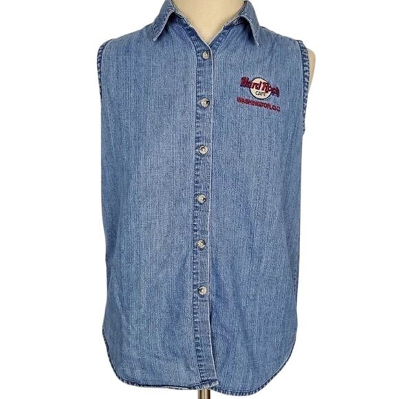 Vintage Y2K Hard Rock Cafe Sleeveless Denim Shirt XL Button Front Washington DC - Picture 4 of 7